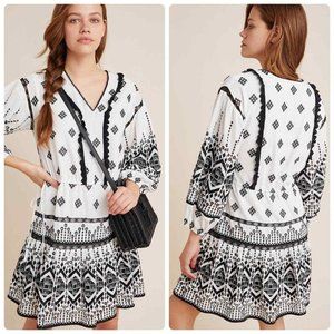 Anthropologie Francine Eyelet Mini Dress White Black Embroidered Tie Med…